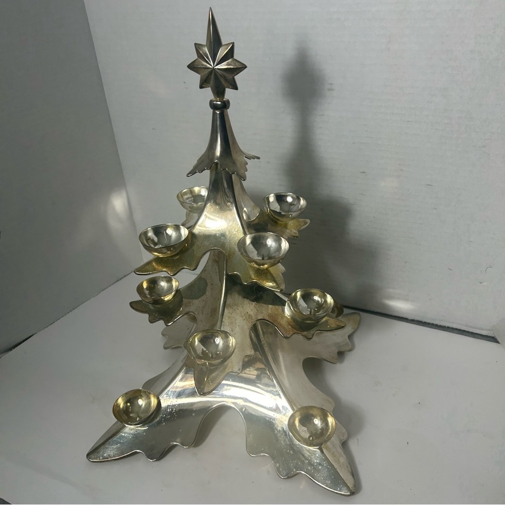 Vintage Godinger 3D Chrome Silver Christmas Tree Tealight Cups 15” Holiday